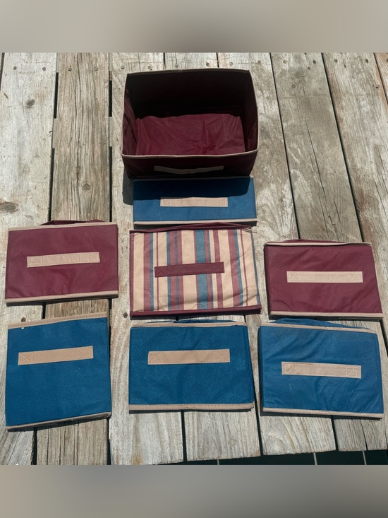 Other - Set of Foldable Fabric Storage Bins in Burgundy, Navy & Striped